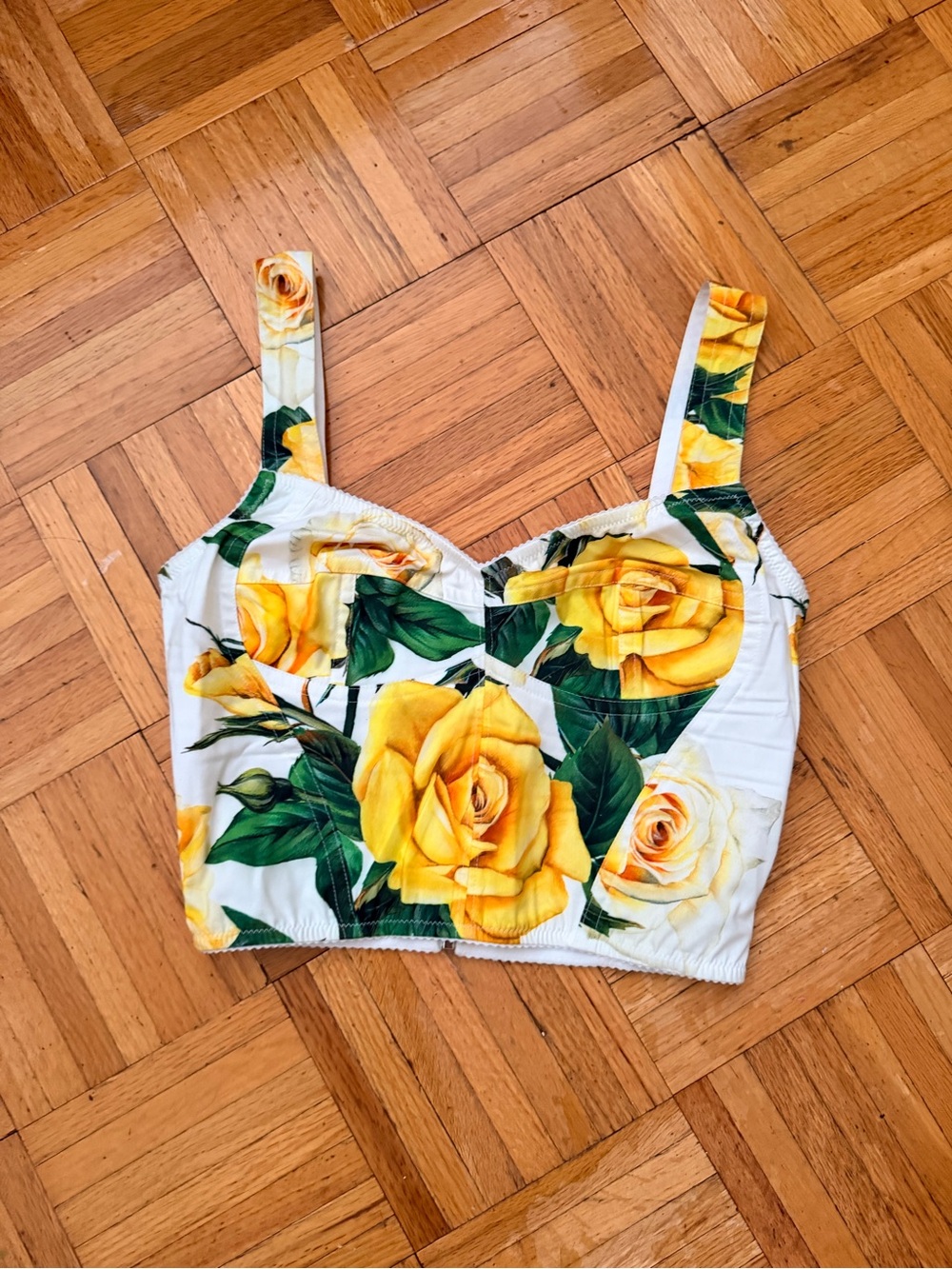 Dolce and Gabbana Yellow Rose Print Cropped Bustier Top - Women